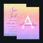 Roze Paarse Sparkle Glitter Sweet Zestien Verjaard Kaart<br><div class="desc">Girly Pink,  Paarse Gold en Sinaasappel Ombre Pastel Gold Sparkle Glitter Sweet Sixteen Monogram Naam en Initiaal Verjaardagsfeestuitnodiging. Deze uitnodiging is perfect voor de Pastel Sparkle Glitter Sweet 16 Verjaardagsfeest op zoek naar te vieren in goud.</div>