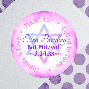 Roze Paarse Star Bat Mitzvah Party Favor Sticker