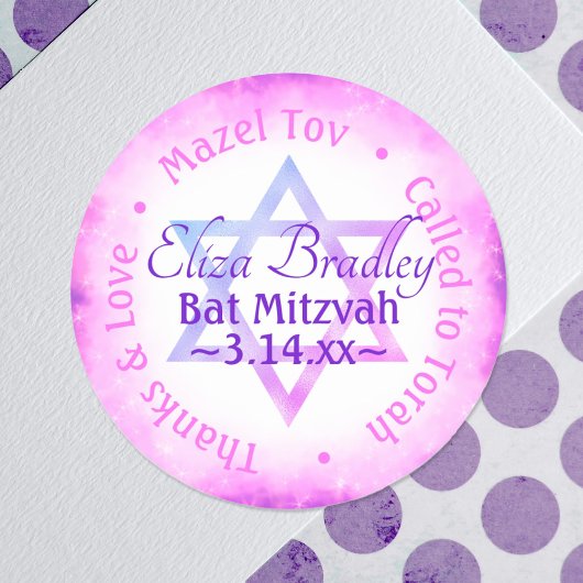 Roze Paarse Star Bat Mitzvah Party Favor Sticker