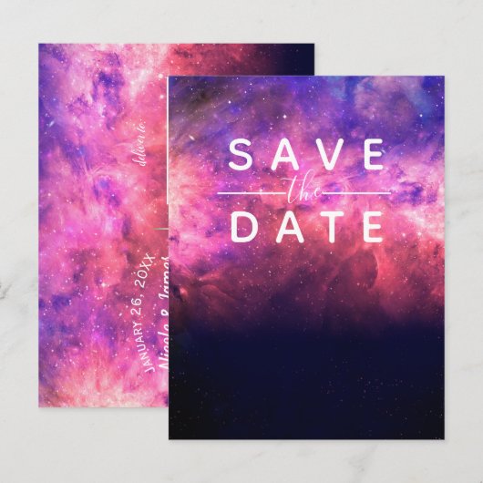 Roze Paarse Starry Sky Cosmic Galaxy Save the Date Aankondigingskaart (Voorkant / Achterkant)