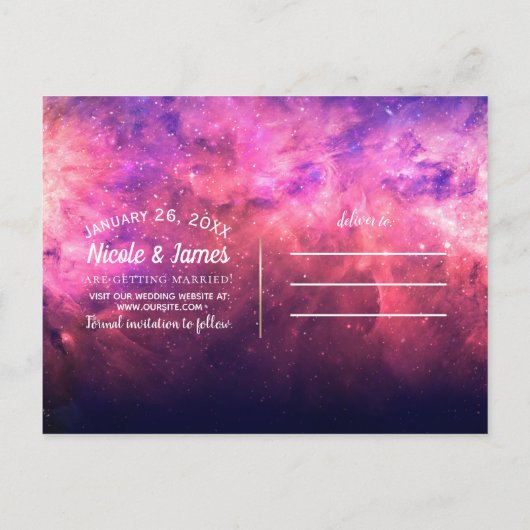 Roze Paarse Starry Sky Cosmic Galaxy Save the Date Aankondigingskaart (Achterkant)