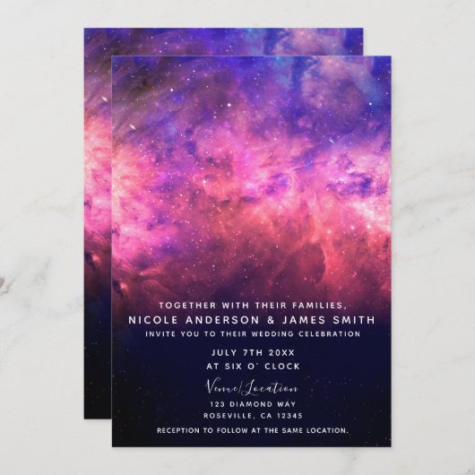 Roze Paarse Starry Sky Cosmic Galaxy Sky Weddensch Kaart (Voorkant / Achterkant)