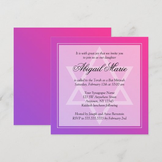Roze Paarse ster van David Bat Mitzvah Square Kaart (Voorkant / Achterkant)