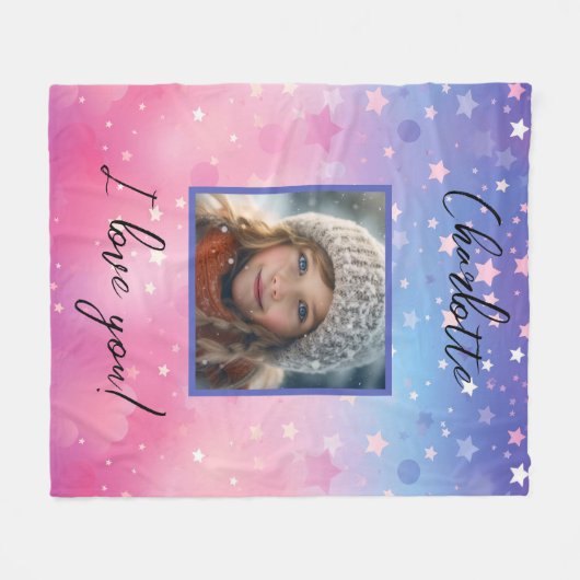 Roze Paarse Sterren Aangepaste Foto en Naam Quote  Fleece Deken (Voorkant (Horizontaal))