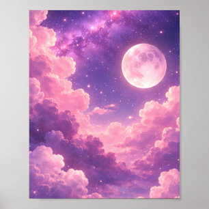 Roze Paarse Sterrenstelsel Maan Esthetische Poster