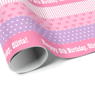 Roze Paarse Stippen Strepen Harten Patroon Cadeaupapier