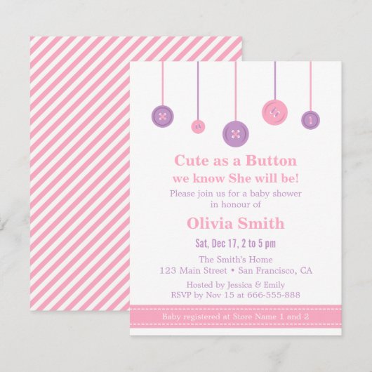 Roze Paarse stoot als Button Baby shower Kaart (Voorkant / Achterkant)