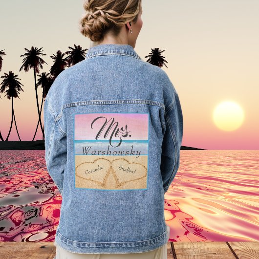 Roze Paarse Strand Bruiloft 2 Harten in Zand Denim Jacket