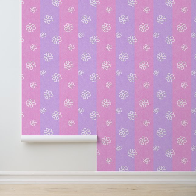 Roze Paarse Strepen Bloemen Baby Girl Nursery Behang (Applicatie)