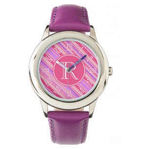 Roze, paarse strepen grafisch monogram meisjes hor horloge