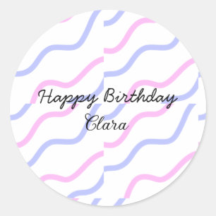 Roze paarse strepen Happy Birthday Naam toevoegen  Ronde Sticker