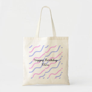 Roze paarse strepen Happy Birthday Naam toevoegen Tote Bag