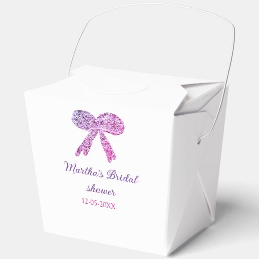 Roze paarse strik glans glitter bruids douche naam bedankdoosjes (Voorkant)