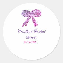 Roze paarse strik glans glitter bruids douche naam ronde sticker