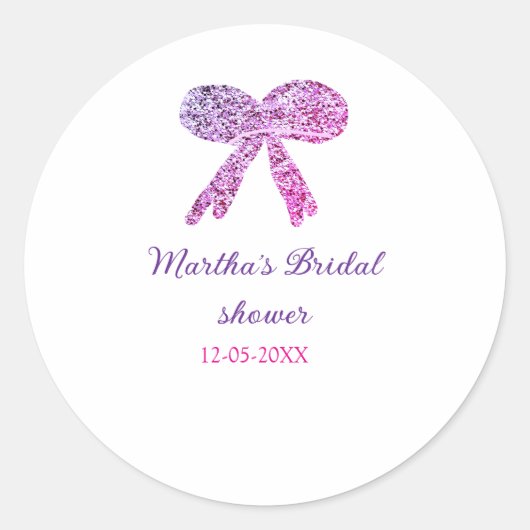 Roze paarse strik glans glitter bruids douche naam ronde sticker (Voorkant)