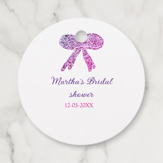 Roze paarse strik glans glitter bruidsfeest naam bedankjes labels (Achterkant)