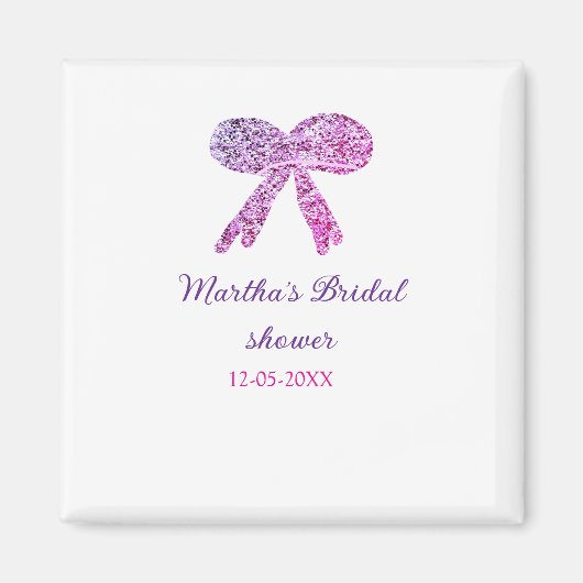 Roze paarse strik glans glitter bruiloft feest naa magneet (Voorkant)