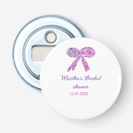 Roze paarse strik glans glitters bruiloft naam button flesopener (Voorkant)