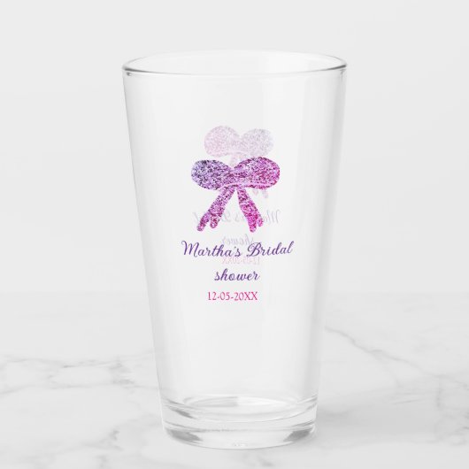 Roze paarse strik glans glitters bruiloft naam glas (Voorkant)