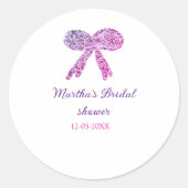 Roze paarse strik glans glitters bruiloft naam ronde sticker (Voorkant)