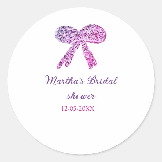 Roze paarse strik glans glitters bruiloft naam ronde sticker (Voorkant)