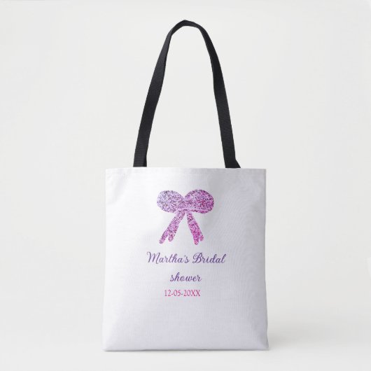 Roze paarse strik glans glitters bruiloft naam tote bag (Voorkant)
