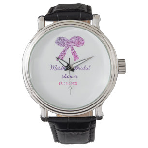 Roze paarse strik glinster glitter bruiloft naam horloge