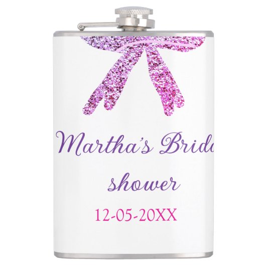 Roze paarse strik glinster glitters bruiloftsshowe heupfles (Voorkant)