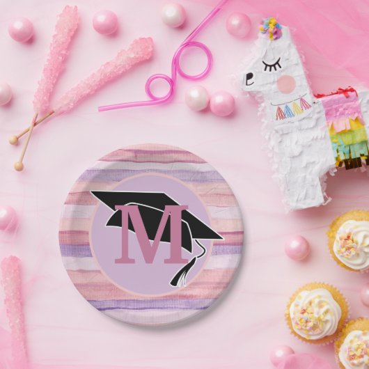 Roze Paarse striped Gradup Cap Monogram Papieren Bordje (Feest)