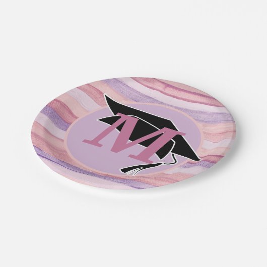 Roze Paarse striped Gradup Cap Monogram Papieren Bordje (Gekanteld)