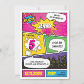 Roze Paarse superheld Birthday Uitnodiging (Voorkant)