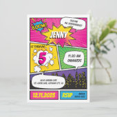 Roze Paarse superheld Birthday Uitnodiging (Staand voorkant)