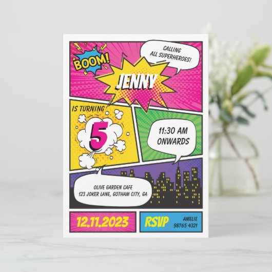 Roze Paarse superheld Birthday Uitnodiging (Staand voorkant)