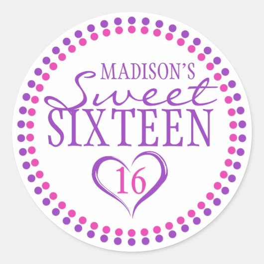 Roze Paarse Sweet 16 Envelope Seal Sticker w Hart (Voorkant)