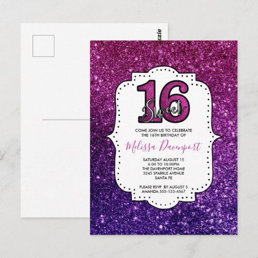 Roze & Paarse Sweet 16 Glitter Glans Edelstenen Briefkaart (Voorkant / Achterkant)