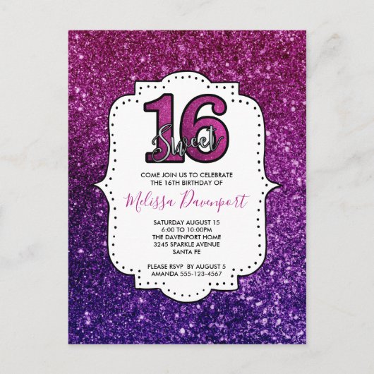 Roze & Paarse Sweet 16 Glitter Glans Edelstenen Briefkaart (Voorkant)