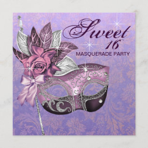 Roze Paarse Sweet 16 Maskerade Feest Kaart