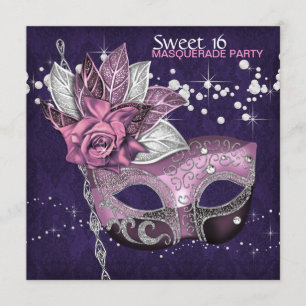 Roze Paarse Sweet 16 Maskerade Feest Kaart