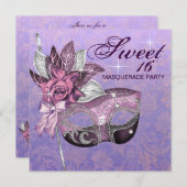 Roze Paarse Sweet 16 Masquerade Party Kaart (Voorkant / Achterkant)