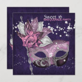 Roze Paarse Sweet 16 Masquerade Party Kaart (Voorkant / Achterkant)