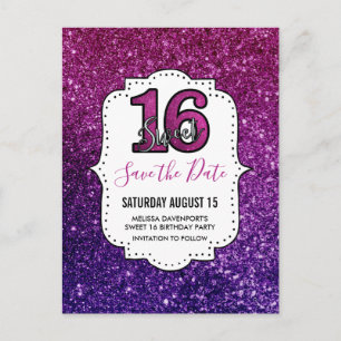 Roze & Paarse Sweet 16 Sparkling Save the Date Briefkaart