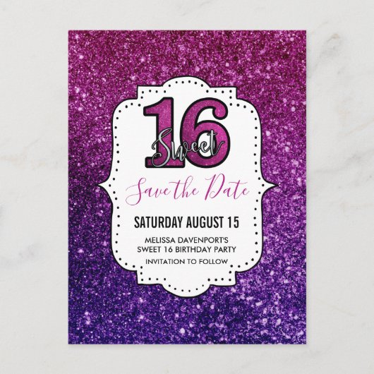 Roze & Paarse Sweet 16 Sparkling Save the Date Briefkaart (Voorkant)