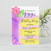 Roze Paarse Taart Bloemen 100ste Verjaardagsfeest Kaart (Staand voorkant)