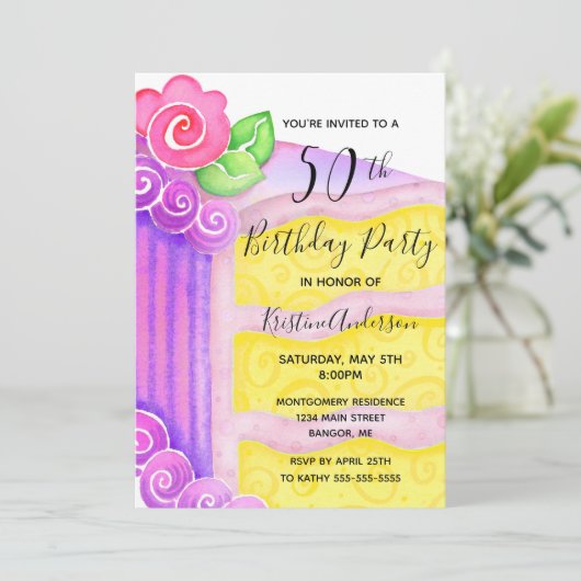 Roze Paarse Taart Bloemen 50ste Verjaardagsfeest Kaart (Staand voorkant)