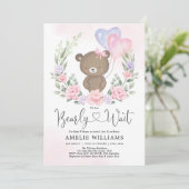 Roze Paarse Teddy Bear Balloons Girl Baby shower Kaart (Staand voorkant)