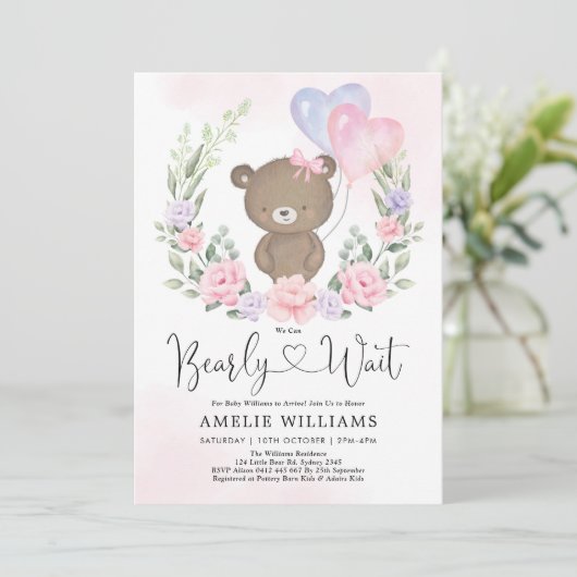 Roze Paarse Teddy Bear Balloons Girl Baby shower Kaart (Staand voorkant)