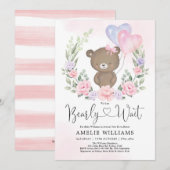 Roze Paarse Teddy Bear Balloons Girl Baby shower Kaart (Voorkant / Achterkant)