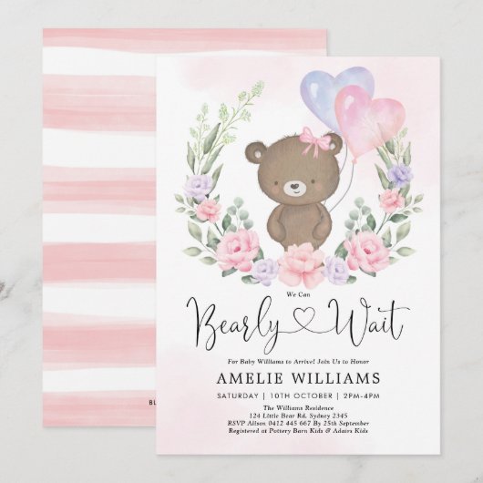 Roze Paarse Teddy Bear Balloons Girl Baby shower Kaart (Voorkant / Achterkant)