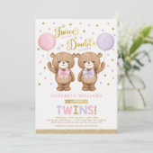 Roze Paarse Teddy Bear Twins Ballon Baby shower Kaart (Staand voorkant)