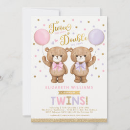 Roze Paarse Teddy Bear Twins Ballon Baby shower Kaart